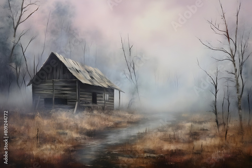 hopeful wooden house fog. abstract landscape painting, generative ai