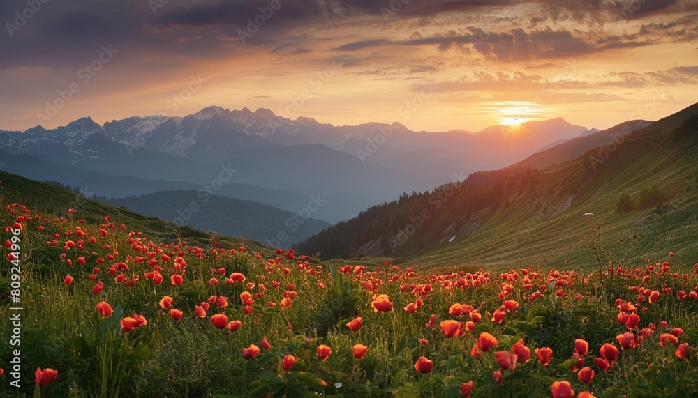 mesmerizing natural landscape with the alpine meadows filled with wildflower poppies in sunset digital oil painting of landscape illustration generative ai
