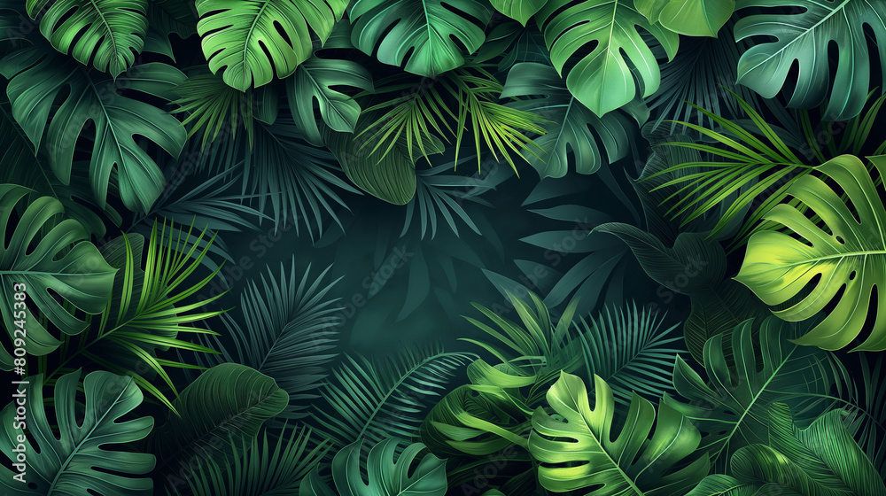 A lush green jungle with many leaves and vines A lush green jungle with many leaves and vines