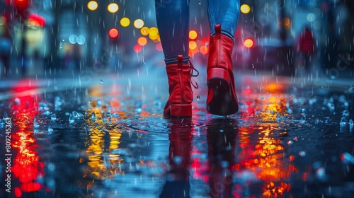 Woman in red boots walking through the city streets in the rain