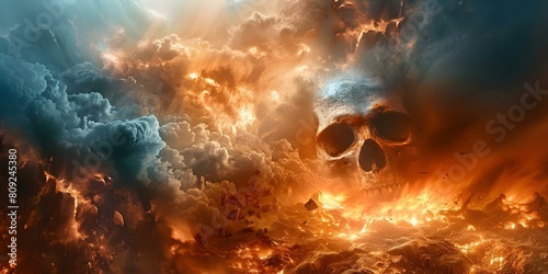 Giant skull gateway to demonic lord in fiery underworld landscape of destruction. Concept Horror Photography  Fantasy Art  Surreal Portraits  Dark Edits  Apocalyptic Scenes