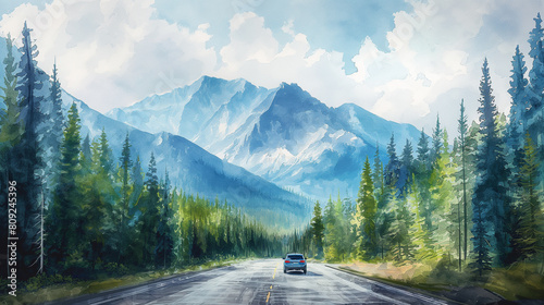 A car is driving down a road in the mountains photo