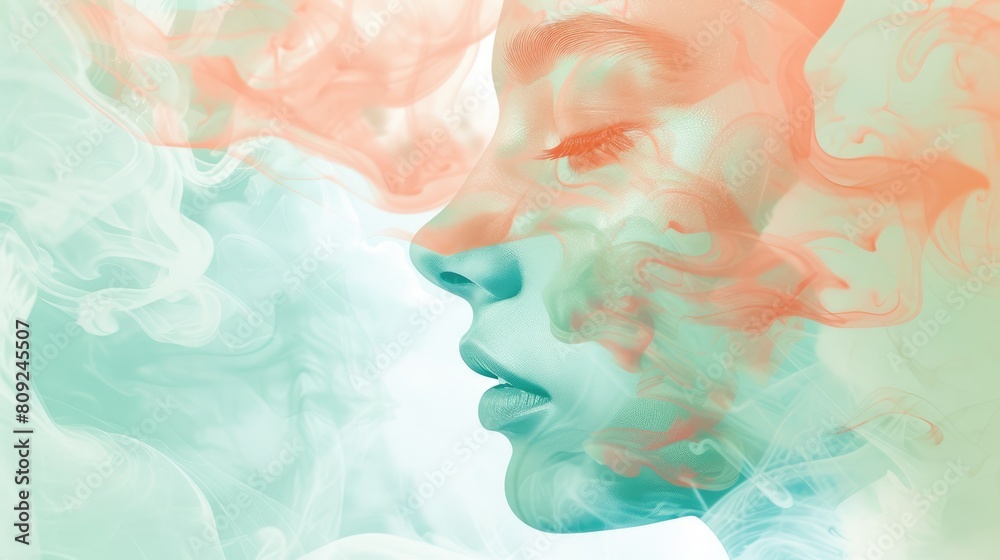 Portrait of abstract woman face decorated with colorful smoke or cloud and watercolor style. Close up of attractive female staring for far way with beautiful lip represent famine and gentle. AIG42.