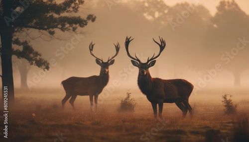 two red deer silhouettes in the morning mist photo