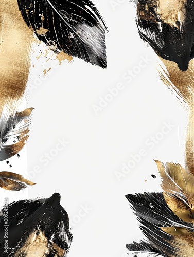 A painting featuring intricate black and gold leaves set against a simple white background
