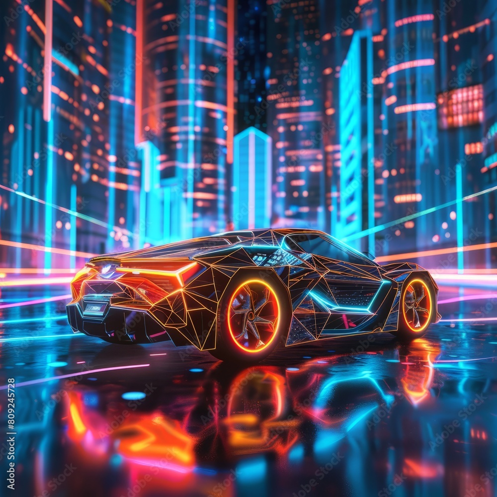 futuristic car of glowing 3d triangular polygons futuristic car of glowing 3d triangular polygons