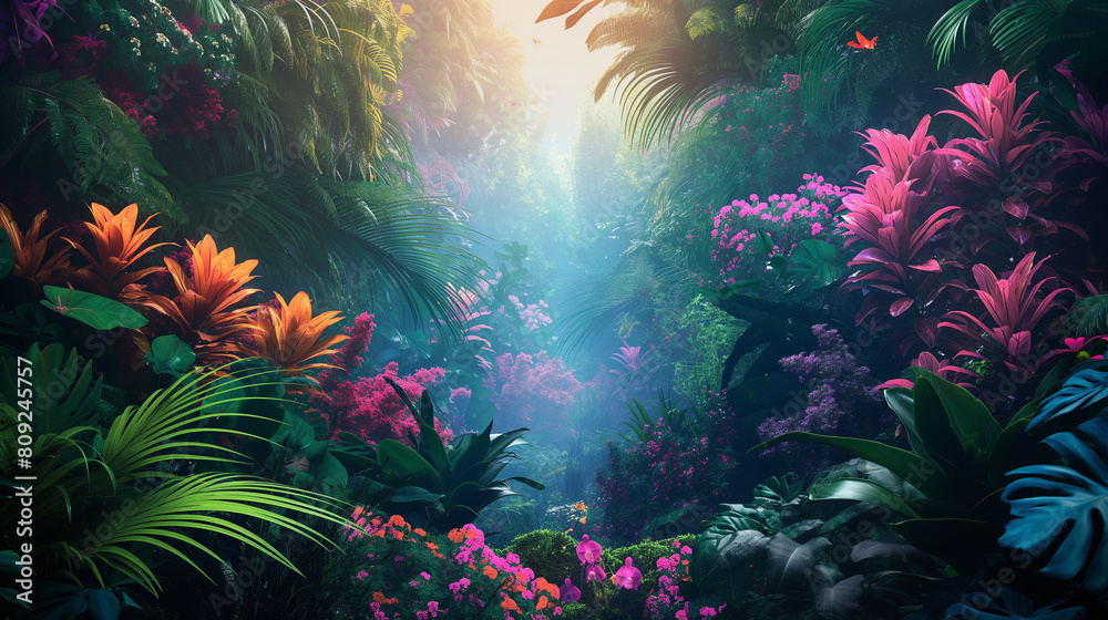 A lush, colorful jungle with a bright blue sky