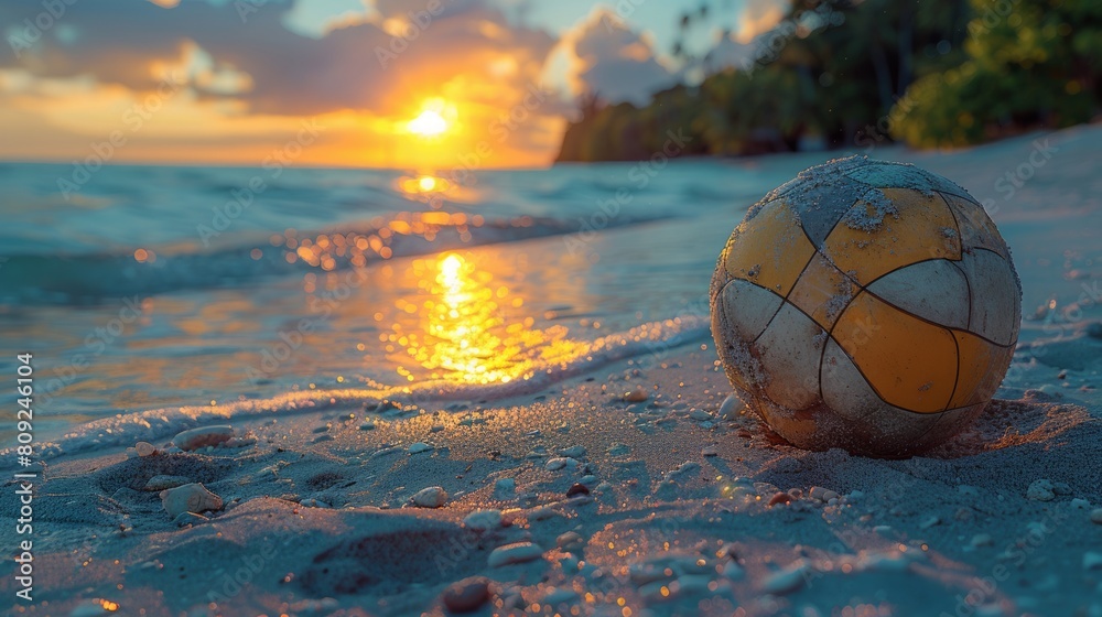 Sunset glow illuminating a weathered volleyball on a sandy beach