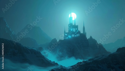 digital glowing medieval castle in the mountains of 3d triangular polygons