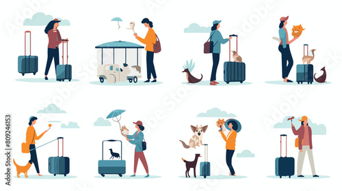 People travel with pets set vector illustration. Ca