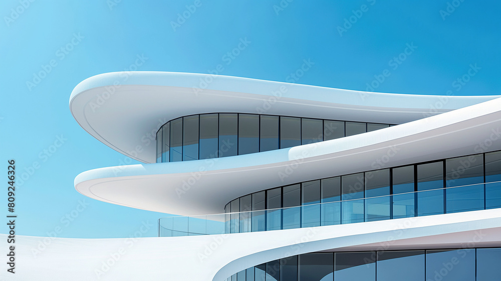 Fototapeta premium Imagine a 3D white architectural interior design, both modern and contemporary. It features curved walls, indoors and outdoors, against a backdrop of blue architecture on a sunny day