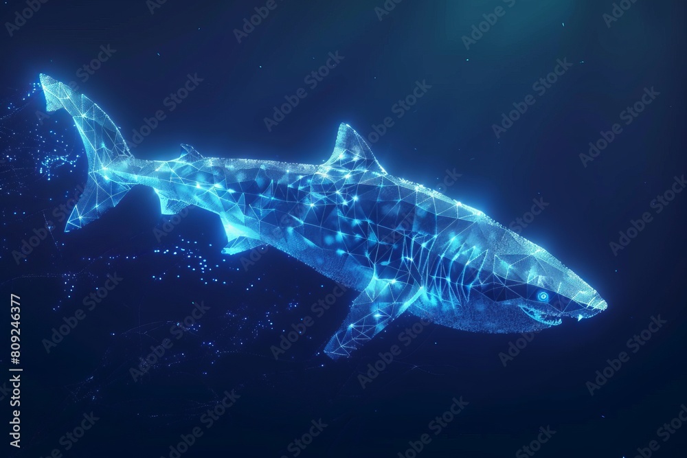 digital glowing shark of 3d triangular polygons