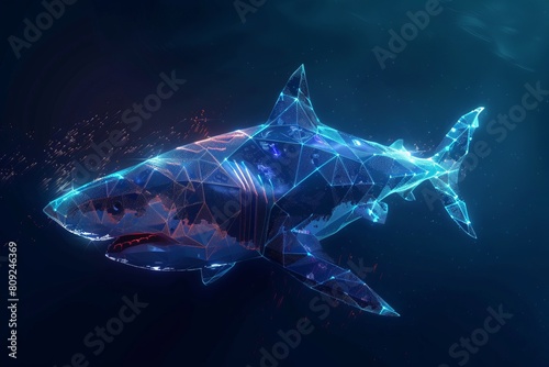 digital glowing shark of 3d triangular polygons