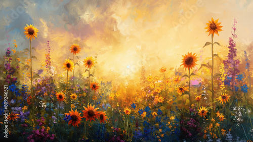 A painting of a field of flowers with a bright sun in the background