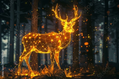 digital glowing elk of 3d triangular polygons in winter forest