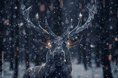 digital glowing elk of 3d triangular polygons in winter forest photo