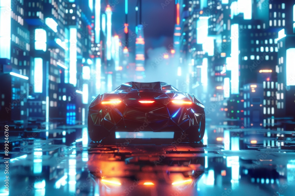 futuristic car of glowing 3d triangular polygons