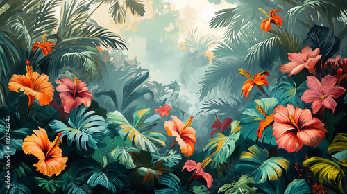 A painting of a lush jungle with a variety of flowers, including pink