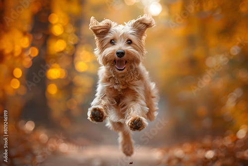 A lively dog jumping up in the air with its paws in the air and its mouth open, exhibiting joy and energy. photo