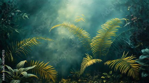 A painting of a lush jungle with a lot of green foliage and a few yellow leaves