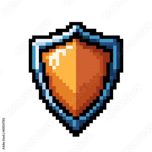Shield pixel icon. 8 bit shield sign. Arcade game symbol. Game shield icon.
