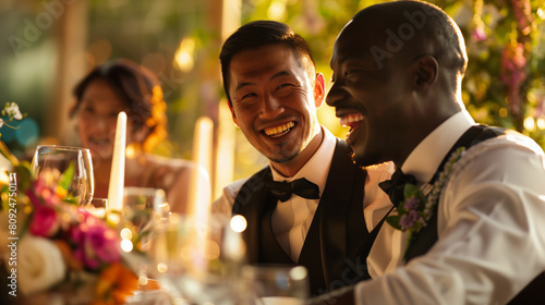 Joyful gay same sex wedding, East Asian, African American, multiethnic happy young men in love and celebrating