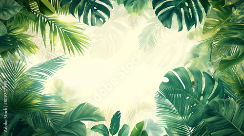 A lush green jungle with palm trees and leaves