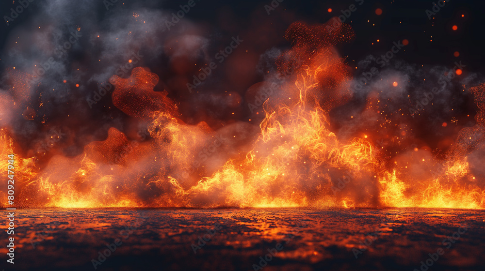 A fire is burning in the ocean, with smoke and sparks flying out