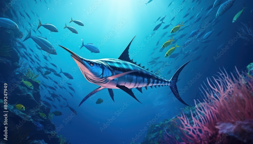 Fototapeta premium Giant Marlin fish in the ocean, beautiful view of marlin fish in the blue ocean