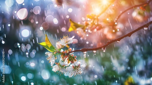 a blooming plum tree adorned with delicate flowers  standing resilient in the rain  against a backdrop of blurred dark blue sky and billowing white clouds  creating a breathtaking nature scene.