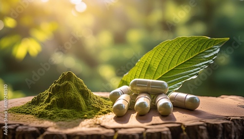 mitragyna speciosa kratom capsules and powder on a wooden table with natural light and a blurred background photo