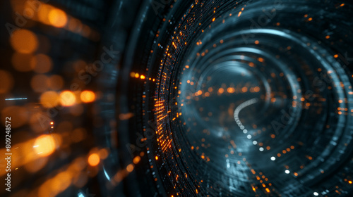 A spiral tunnel with orange and blue lights
