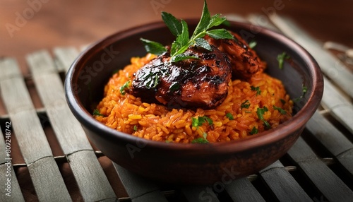 jollof rice with grilled meat and garnishes a bowl of vibrant jollof rice topped with grilled chicken and fresh herbs