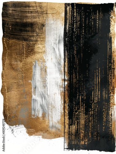 A piece of art featuring a bold black and white stripe and accents of gold