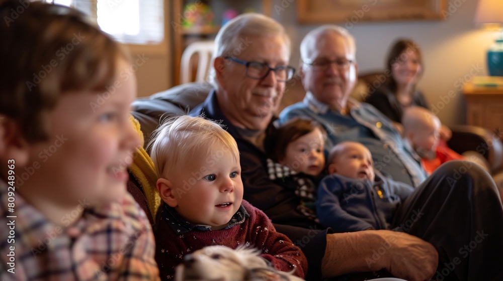 Multi-Generational Family Enjoying Time Together in a Cozy Living Room Multi-Generational Family Enjoying Time Together in a Cozy Living Room