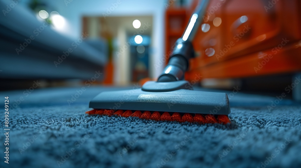 a close up of a cleaning mop on a carpet with a red handle a close up of a cleaning mop on a carpet with a red handle