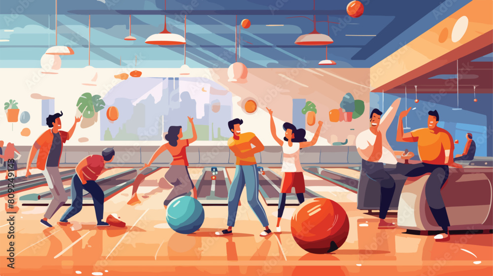 People play bowling game vector illustration. Carto