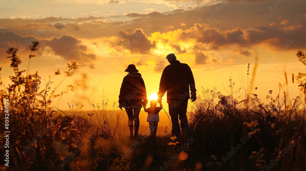 Family Enjoying a Sunset Together in a Scenic Field, Holding Hands Family Enjoying a Sunset Together in a Scenic Field, Holding Hands
