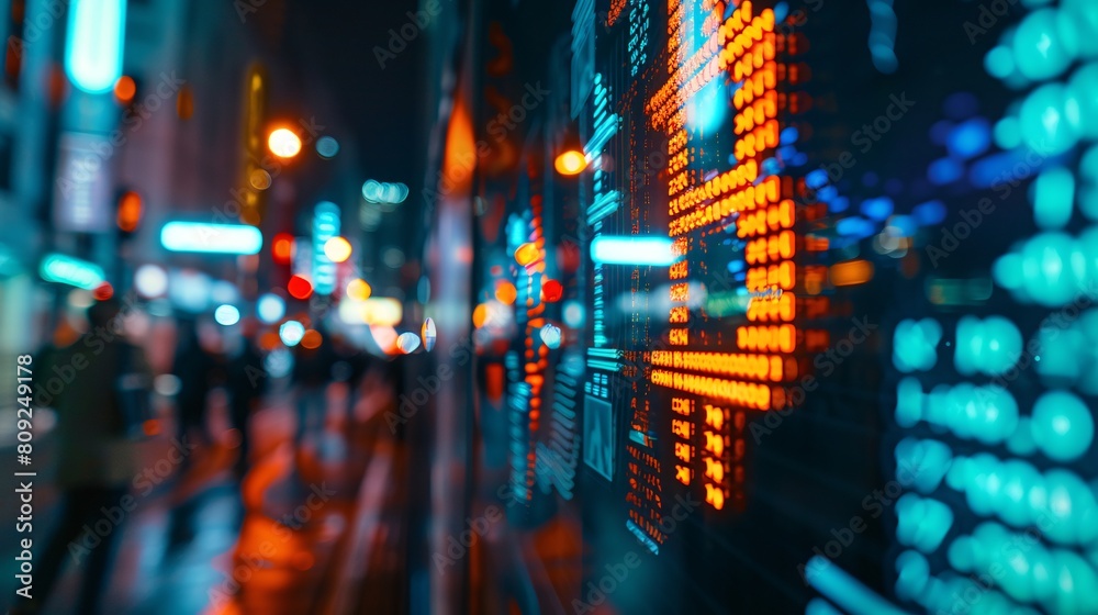 Fototapeta premium Dynamic Stock Market Data Displayed on Street Screens at Night, Bitcoin Symbol