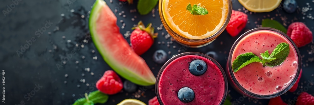 a group of fruit and vegetables surrounding a smoothie in glasses with mint garnishes and a slice of orange.. a group of fruit and vegetables surrounding a smoothie in glasses with mint garnishes and a slice of orange..