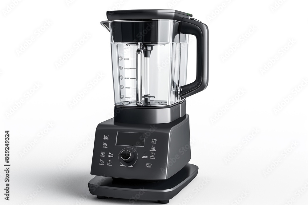 A blender with a modern touchpad control panel and LED indicators for easy operation isolated on a solid white background. A blender with a modern touchpad control panel and LED indicators for easy operation isolated on a solid white background.