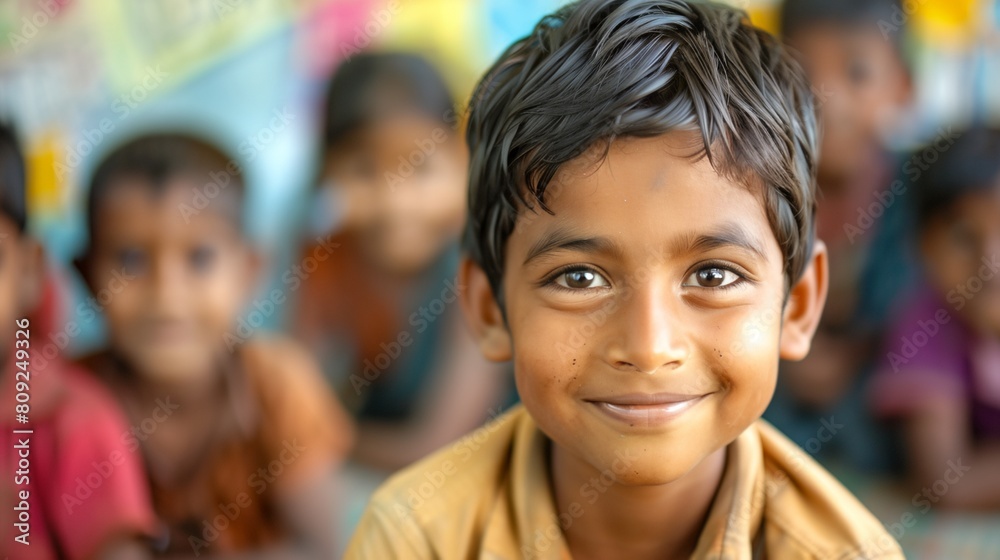 a young boy smiling in front of a group of children in a classroom a young boy smiling in front of a group of children in a classroom