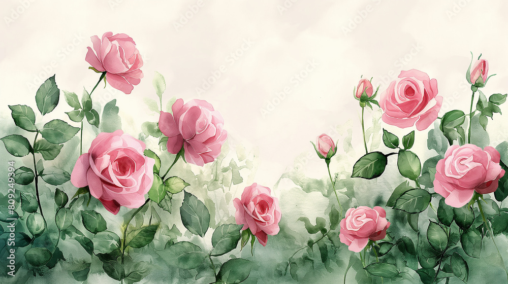 A painting of a field of pink roses with a white background