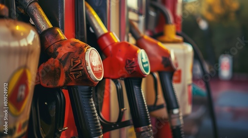 a row of gas pumps with a blurred background