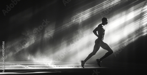 A man is running through the darkness, illuminated by a bright light behind him.