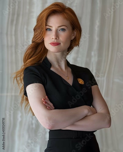 Portrait of businesswoman in black dress and confident look. Pretty young redhead lawyer. Smile and gorgeous wavy red hair.
