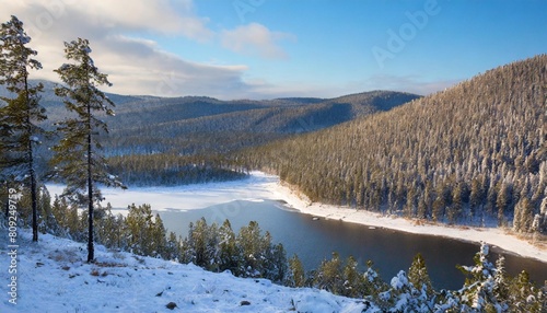 taiga forest landscape with a lake and hills in winter © Francesco
