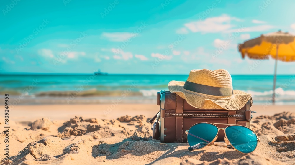 sunglasses and a hat sit on the beach sand near the ocean and a yellow umbrella is in the background sunglasses and a hat sit on the beach sand near the ocean and a yellow umbrella is in the background