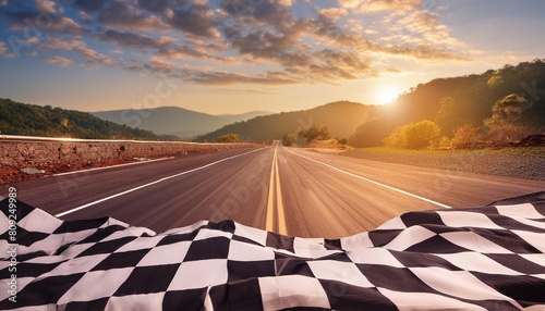 race track with view of the finish line and checkered flag created with generative ai