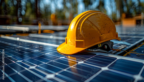 Yellow hard hat and solar panel. A photo of a yellow helmet on a table with a solar panel and blueprints